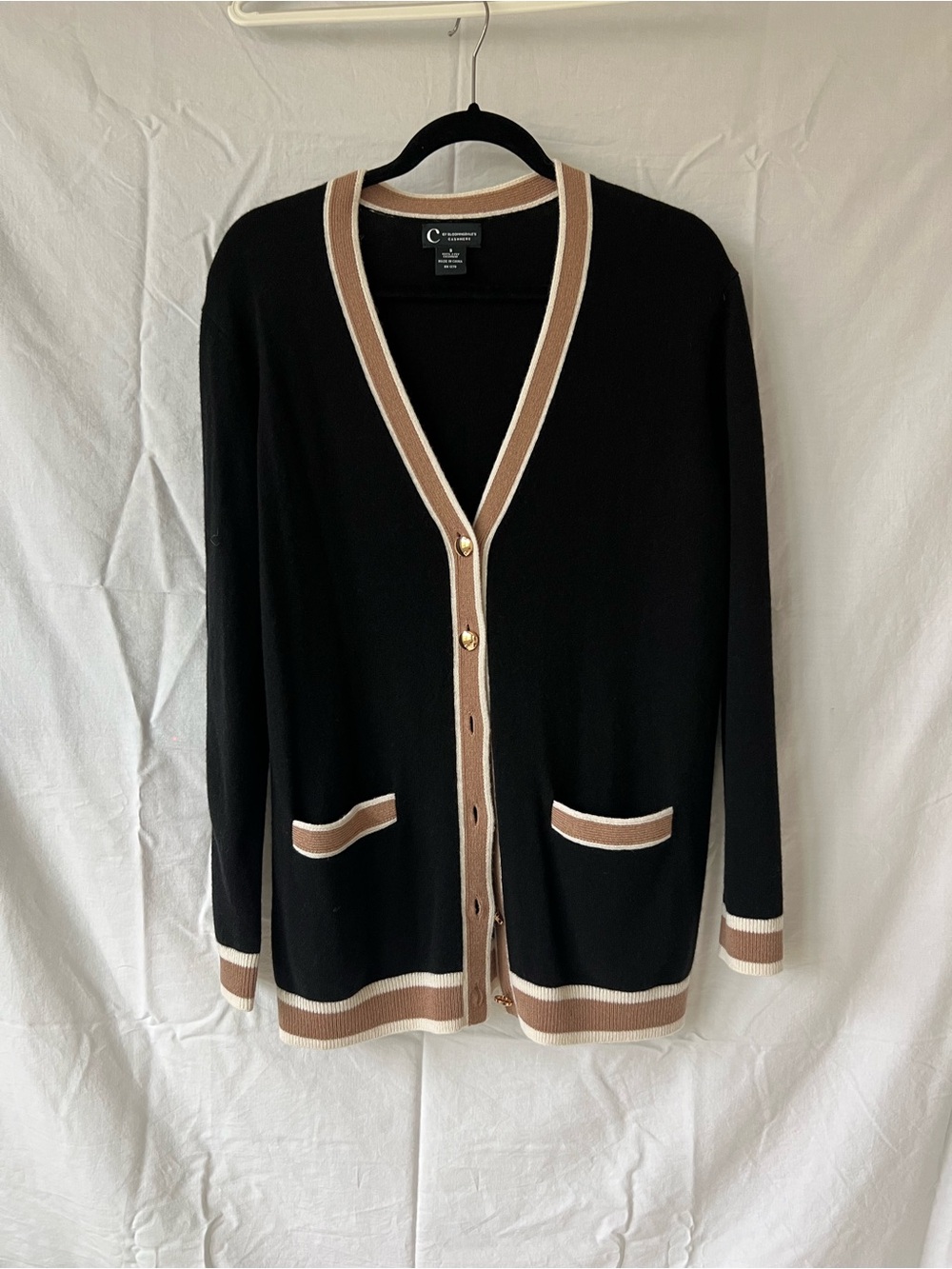 Black Cashmere Cardigan with Taupe and Cream Trim